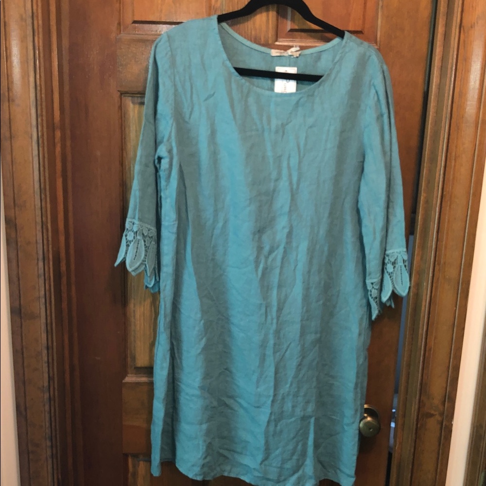 Valentina Naldi Linen Dress Womens Teal Green Crochet‎ Trim Italy NWT